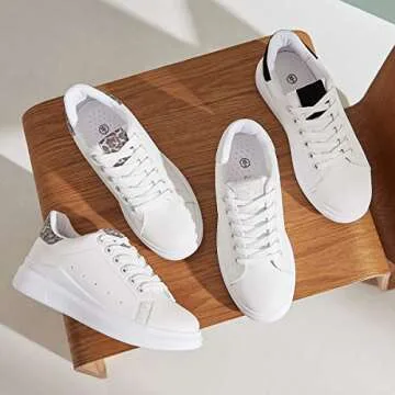 ZGR Women’s Fashion Sneakers White PU Leather Platform Sneaker for Women Lace Up Walking Shoes(Silver,us9)