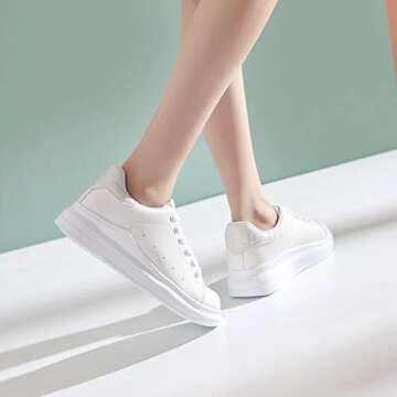 ZGR Women’s Fashion Sneakers White PU Leather Platform Sneaker for Women Lace Up Walking Shoes(Silver,us9)