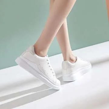 ZGR Women’s Fashion Sneakers White PU Leather Platform Sneaker for Women Lace Up Walking Shoes(Silver,us9)