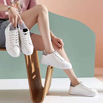 ZGR Women’s Fashion Sneakers White PU Leather Platform Sneaker for Women Lace Up Walking Shoes(Silver,us9)