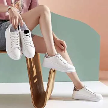 ZGR Women’s Fashion Sneakers White PU Leather Platform Sneaker for Women Lace Up Walking Shoes(Silver,us9)