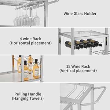 QSSLLC 3-Tier Bar Cart Glass Kitchen Serving Cart with Lockable Wheels, Handle, Wine Rack and Glass Holder, Metal Storage Carts for Home Kitchen Bar, Silver