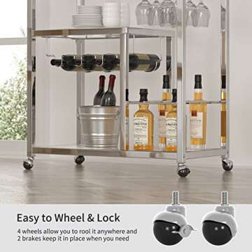 QSSLLC 3-Tier Bar Cart Glass Kitchen Serving Cart with Lockable Wheels, Handle, Wine Rack and Glass Holder, Metal Storage Carts for Home Kitchen Bar, Silver
