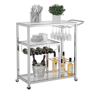 QSSLLC 3-Tier Bar Cart Glass Kitchen Serving Cart with Lockable Wheels, Handle, Wine Rack and Glass Holder, Metal Storage Carts for Home Kitchen Bar, Silver