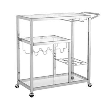 QSSLLC 3-Tier Bar Cart Glass Kitchen Serving Cart with Lockable Wheels, Handle, Wine Rack and Glass Holder, Metal Storage Carts for Home Kitchen Bar, Silver