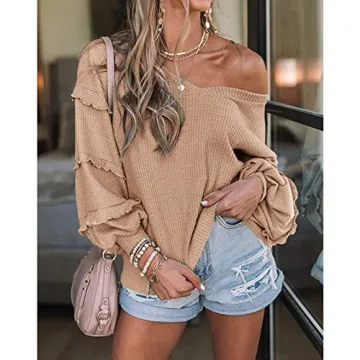 BTFBM Women’s V Neck Loose Fit Ruffle Tunic Tops