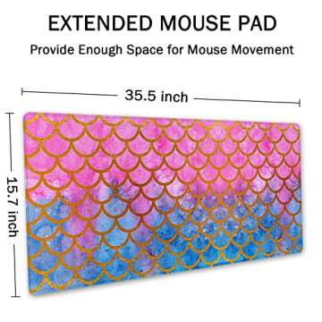 SSOIU Desk Mat,Large Mouse Pad 35.5" x 15.7" XXL Extended Gaming Mouse Pad Mat with Non-Slip Base Stitched Edge Mousepad for Computer,Office,Keyboard and Laptop - Watercolor Mermaid Scales Design