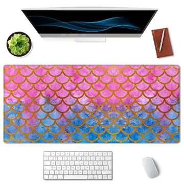 SSOIU Desk Mat,Large Mouse Pad 35.5" x 15.7" XXL Extended Gaming Mouse Pad Mat with Non-Slip Base Stitched Edge Mousepad for Computer,Office,Keyboard and Laptop - Watercolor Mermaid Scales Design