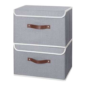 ANMINY 2PCS Storage Bins with Lid PU Leather Handles Storage Boxes PP Plastic Board Decorative Folda...