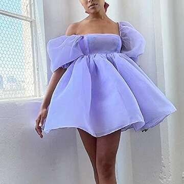 Womens Puff Sleeve Square Neck Tulle Flounce Dress Off Shoulder Sweet Casual Mini Dress Vintage Lantern Sleeve Wedding Dresses(I-Purple,Small)