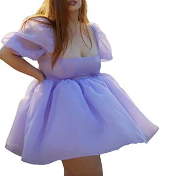 Womens Puff Sleeve Square Neck Tulle Flounce Dress Off Shoulder Sweet Casual Mini Dress Vintage Lantern Sleeve Wedding Dresses(I-Purple,Small)