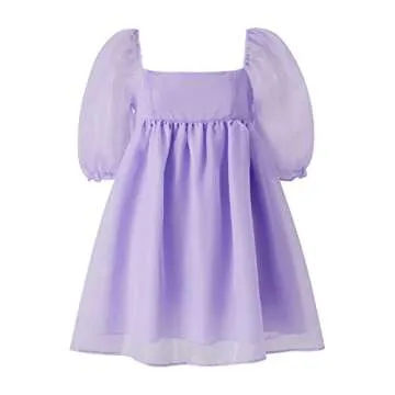 Womens Puff Sleeve Square Neck Tulle Flounce Dress Off Shoulder Sweet Casual Mini Dress Vintage Lantern Sleeve Wedding Dresses(I-Purple,Small)