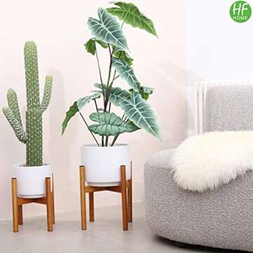 Set 2 Indoor Mid Century Modern Planter Pots with Wood Stand Outdoor About 8 Inch & 10 Inch Diameter, Round White Ceramic Standing Planters with Drainage and Plug, Outdoor White Garden Cactus Planters