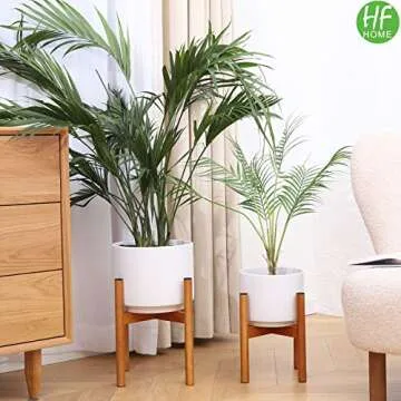 Set 2 Indoor Mid Century Modern Planter Pots with Wood Stand Outdoor About 8 Inch & 10 Inch Diameter, Round White Ceramic Standing Planters with Drainage and Plug, Outdoor White Garden Cactus Planters