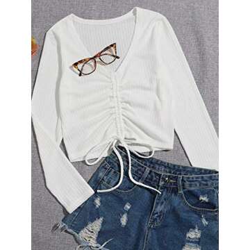 SweatyRocks Women's Long Sleeve V Neck Crop Top Drawstring Ruched Tee Shirt