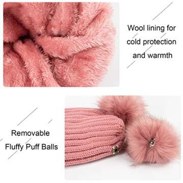 Pom Poms Beanie Hat for Women, Cold-Proof Warm Puff Balls Hat, Cute Pink Winter Knit Hat with Soft Fleece Lining for Girls