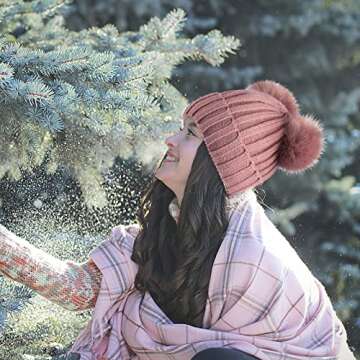 Pom Poms Beanie Hat for Women, Cold-Proof Warm Puff Balls Hat, Cute Pink Winter Knit Hat with Soft Fleece Lining for Girls