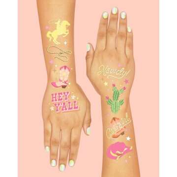 xo, Fetti Cowgirl Temporary Tattoos - 50 Gold Foil Styles | Birthday Party Decorations, Giddy Up Cowgirl Accessory, Rodeo Western Theme Favor, Nashville Gift + Cow Print Supplies, Baby Shower