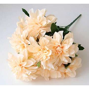 HoYuanFlo 10 Heads Dahlia Fake Flowers Artificial Dahlia Flowers Faux Flowers for Home Wedding Party Office Supplies (Champagne)