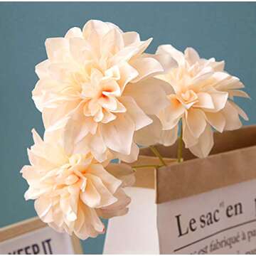 HoYuanFlo 10 Heads Dahlia Fake Flowers Artificial Dahlia Flowers Faux Flowers for Home Wedding Party Office Supplies (Champagne)