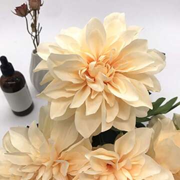HoYuanFlo 10 Heads Dahlia Fake Flowers Artificial Dahlia Flowers Faux Flowers for Home Wedding Party Office Supplies (Champagne)