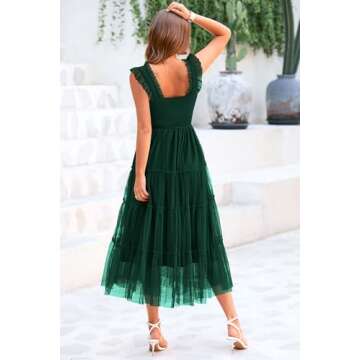 PRETTYGARDEN Women's Summer Midi Tulle Dress Sleeveless Smocked Square Neck Ruffle Flowy Party Weddi...