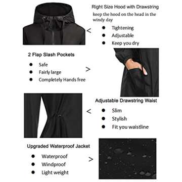 ELESOL Women Rain Coat Waterproof with Hood long Raincoat Rain Jacket lightweight rain slicker with hood Black