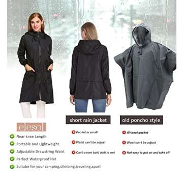 ELESOL Women Rain Coat Waterproof with Hood long Raincoat Rain Jacket lightweight rain slicker with hood Black
