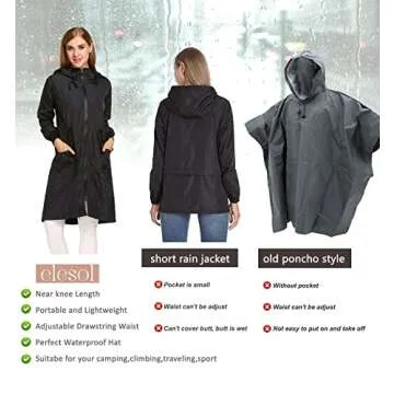 ELESOL Women Rain Coat Waterproof with Hood long Raincoat Rain Jacket lightweight rain slicker with hood Black