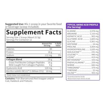 Garden of Life Marine & Grass-Fed Collagen Peptides Powder Supplement (Type I, III) with Probiotics, BCAAs & Hyaluronic Acid for Radiant Hair, Skin & Nails – Unflavored, 20g per Serving, 12 Servings