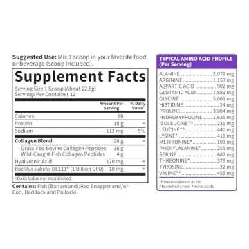 Garden of Life Marine & Grass-Fed Collagen Peptides Powder Supplement (Type I, III) with Probiotics, BCAAs & Hyaluronic Acid for Radiant Hair, Skin & Nails – Unflavored, 20g per Serving, 12 Servings