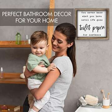 Funny Farmhouse Bathroom Decor Signs - 6 Interchangeable Wall Decorations w/Hilarious Sayings and Rustic Frame - Instantly Create a Fun Filled Bathroom In Your Home