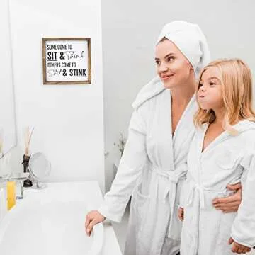 Funny Farmhouse Bathroom Decor Signs - 6 Interchangeable Wall Decorations w/Hilarious Sayings and Rustic Frame - Instantly Create a Fun Filled Bathroom In Your Home