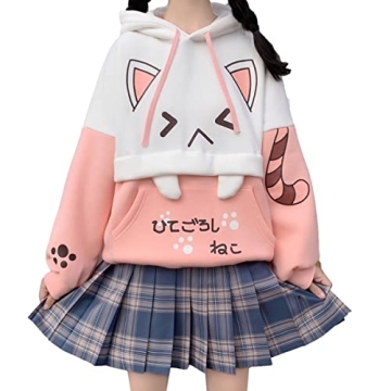 Cuteighteen Pink Kawaii Cat Graphic Hoodie for Teens - Anime Print Sweatshirt
