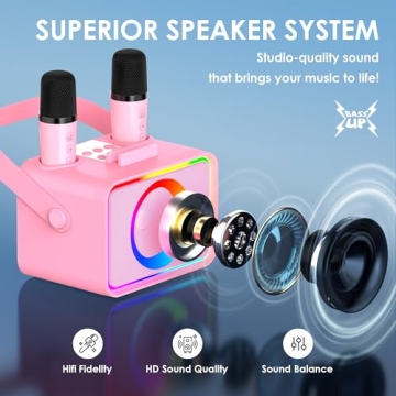 Karaoke Machine,Portable Bluetooth Speaker with 2 Wireless Microphone for Adults & Kids with LED Lig...