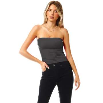 MixMatchy Women's Solid Casual Summer Side Shirring Scrunched Double Layered Tube Top 3PACK - Black/Charcoal/White M