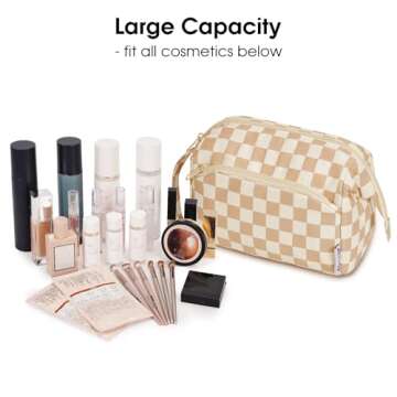 Narwey Large Checkered Makeup Bag Women Wide-open Make up Bag Travel Cosmetic Bag Organizer Toiletry Bag for Cosmetics Toiletries Accessories (Light Checkerboard)
