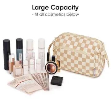 Narwey Large Checkered Makeup Bag Women Wide-open Make up Bag Travel Cosmetic Bag Organizer Toiletry Bag for Cosmetics Toiletries Accessories (Light Checkerboard)