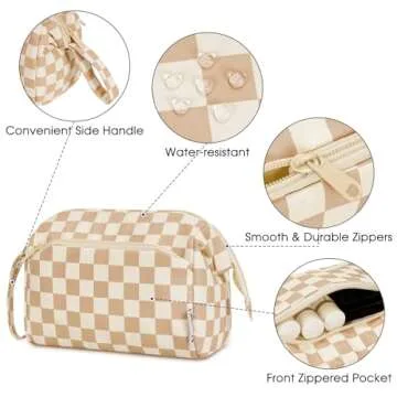 Narwey Large Checkered Makeup Bag Women Wide-open Make up Bag Travel Cosmetic Bag Organizer Toiletry Bag for Cosmetics Toiletries Accessories (Light Checkerboard)
