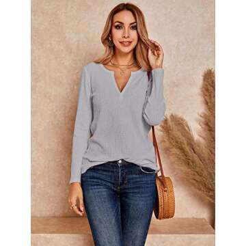 Womens V Neck Waffle Knit Shirts Long Sleeve Loose Fitting Warm Tee Tops Sweaters Pullovers Grey