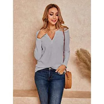 Womens V Neck Waffle Knit Shirts Long Sleeve Loose Fitting Warm Tee Tops Sweaters Pullovers Grey