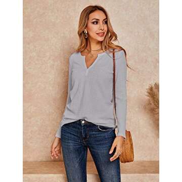 Womens V Neck Waffle Knit Shirts Long Sleeve Loose Fitting Warm Tee Tops Sweaters Pullovers Grey