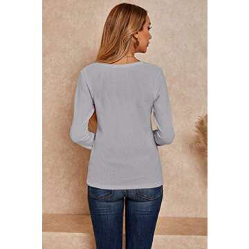Womens V Neck Waffle Knit Shirts Long Sleeve Loose Fitting Warm Tee Tops Sweaters Pullovers Grey