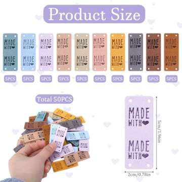 50 PCS Faux Leather Product Tags, Handmade Leather Labels Microfiber Colorful Leather Labels with Love Hearts Handmade Embossed Tag for Sewing Hats Purses Clothing (9 Colors)