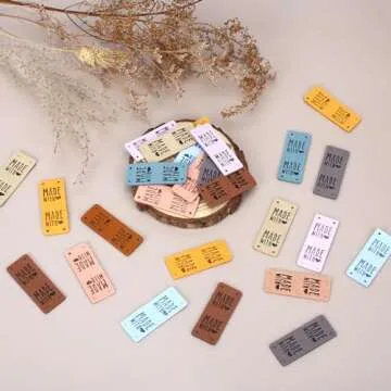 50 PCS Faux Leather Product Tags, Handmade Leather Labels Microfiber Colorful Leather Labels with Love Hearts Handmade Embossed Tag for Sewing Hats Purses Clothing (9 Colors)