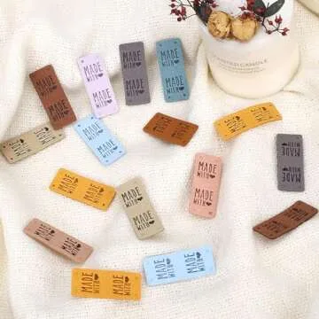 50 PCS Faux Leather Product Tags, Handmade Leather Labels Microfiber Colorful Leather Labels with Love Hearts Handmade Embossed Tag for Sewing Hats Purses Clothing (9 Colors)