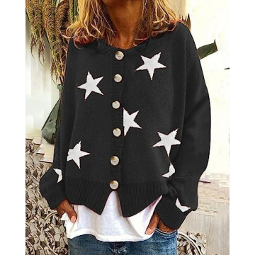 PORCLAY Star Sweater for Women 2023 Fall Fashion Sweaters Trendy Casual Long Sleeve Crew Neck Chunky Knit Tops Pullover Sweater Halloween Black Cardigan Plus Size Black L
