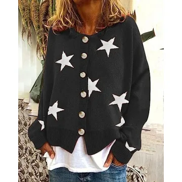 PORCLAY Star Sweater for Women 2023 Fall Fashion Sweaters Trendy Casual Long Sleeve Crew Neck Chunky Knit Tops Pullover Sweater Halloween Black Cardigan Plus Size Black L