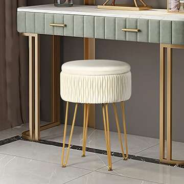 MOOWIND Storage Ottoman Velvet Small,Vanity Stool Chair for Makeup Room, Modern Round Footrest Upholstered Seated Side End Coffee Table Dressing Stool for Bedroom with Gold Legs, Beige