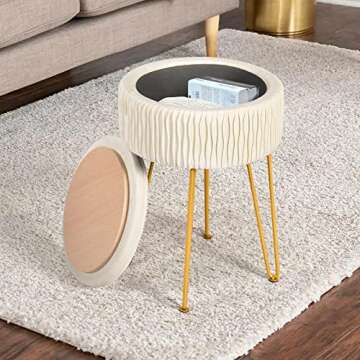MOOWIND Storage Ottoman Velvet Small,Vanity Stool Chair for Makeup Room, Modern Round Footrest Upholstered Seated Side End Coffee Table Dressing Stool for Bedroom with Gold Legs, Beige